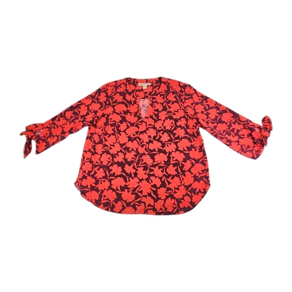 Michael Kors Womens Large Red Black Floral Pattern 3/4 Tie Sleeves Flower Blouse